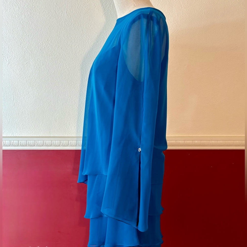Vintage Cattiva tiered chiffon 2-piece bateau neck dress in teal blue - Picture 4 of 15